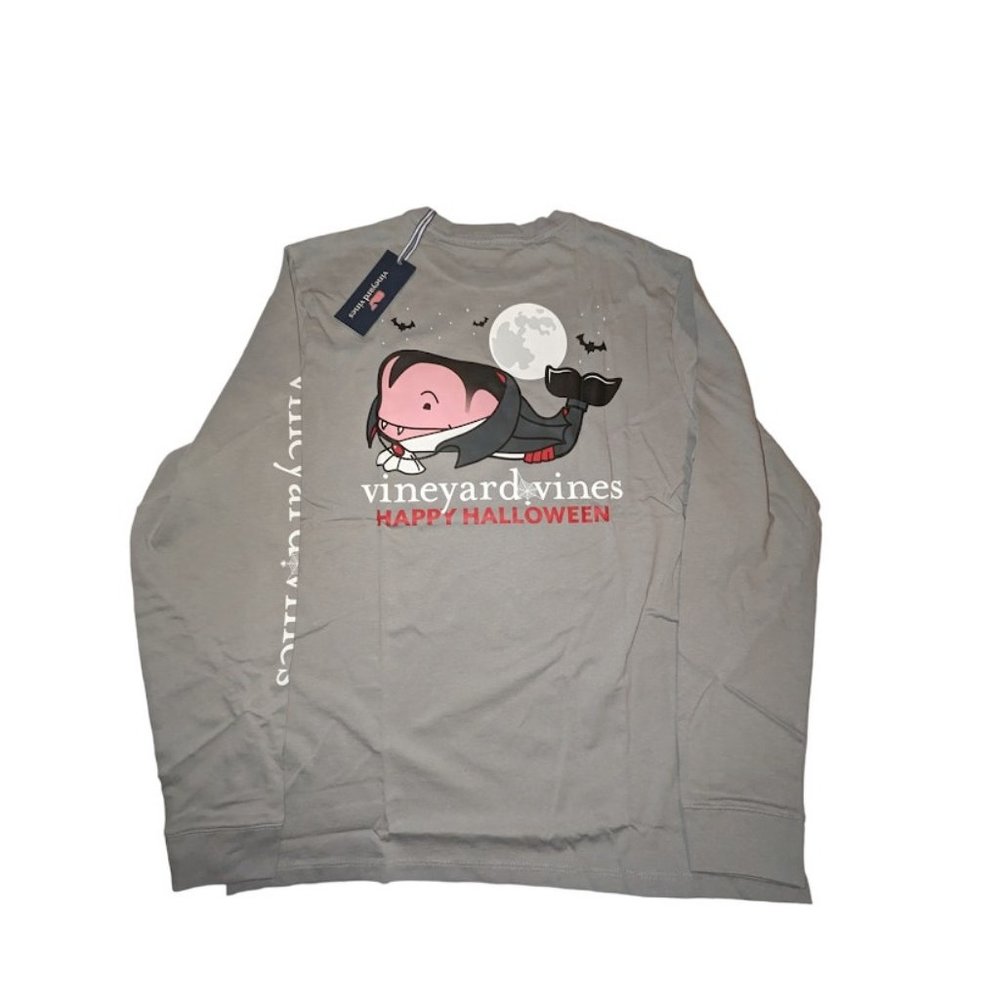 Vineyard Vines Men's Medium Gray Long Sleeve Pocket Vampire Whale T-Shirt New